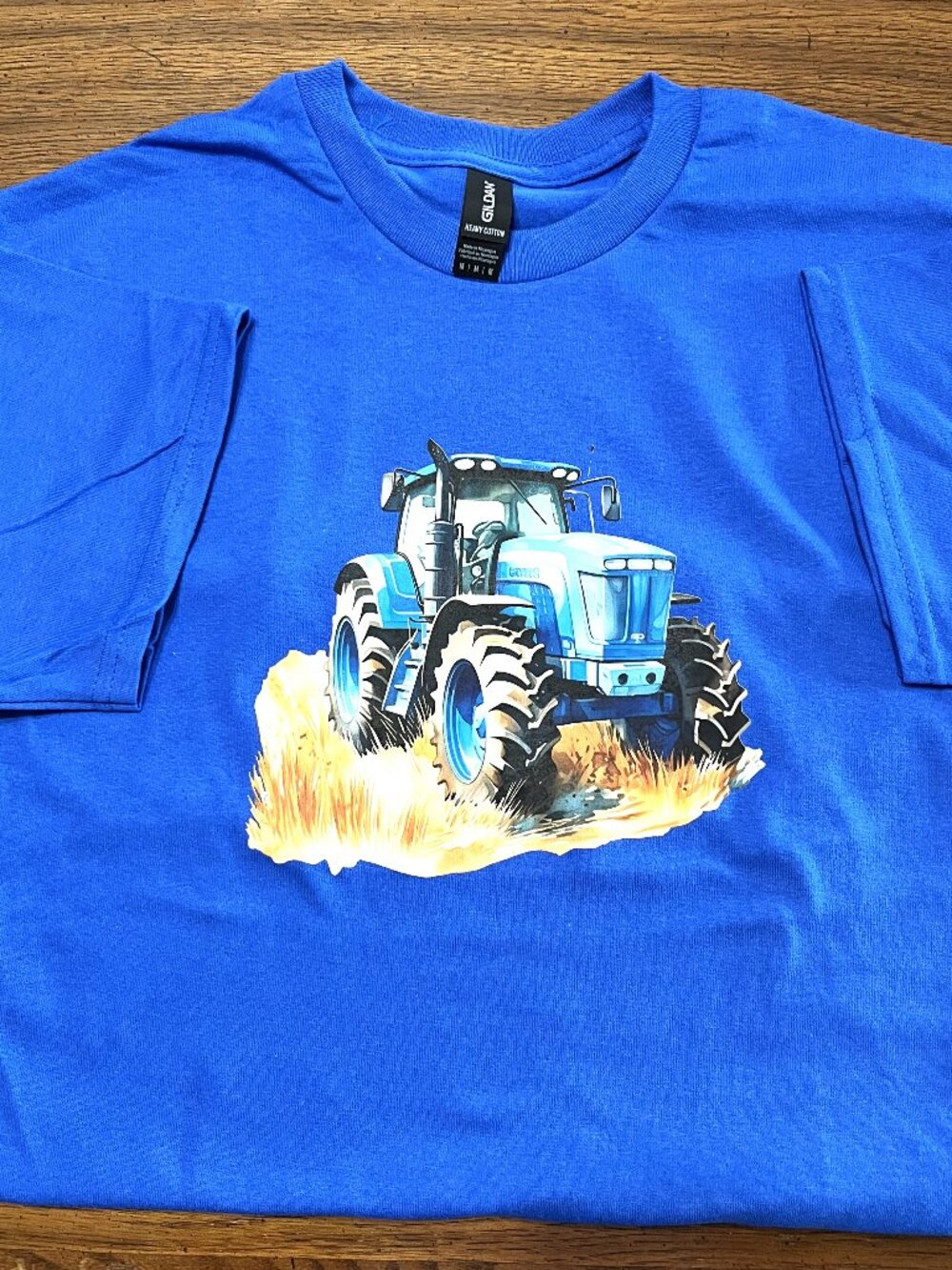 Tractor Royal Blue T-Shirt with HTV Vinyl on Front Farm equipment Medium